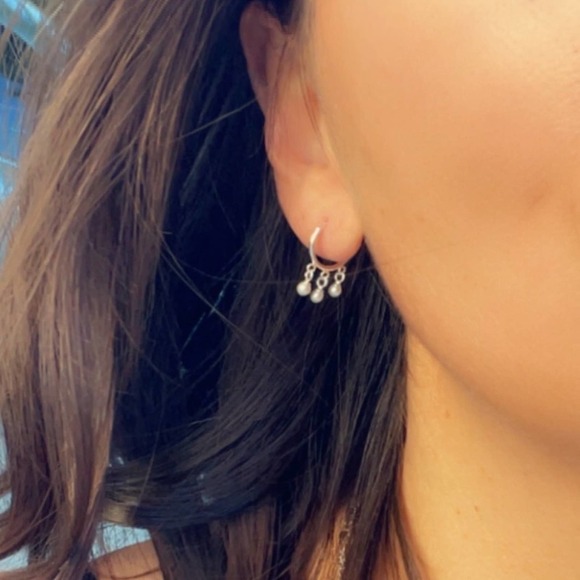 Sterling Silver Huggie Hoop Earrings with Pearl Drop​ - Picture 8 of 9